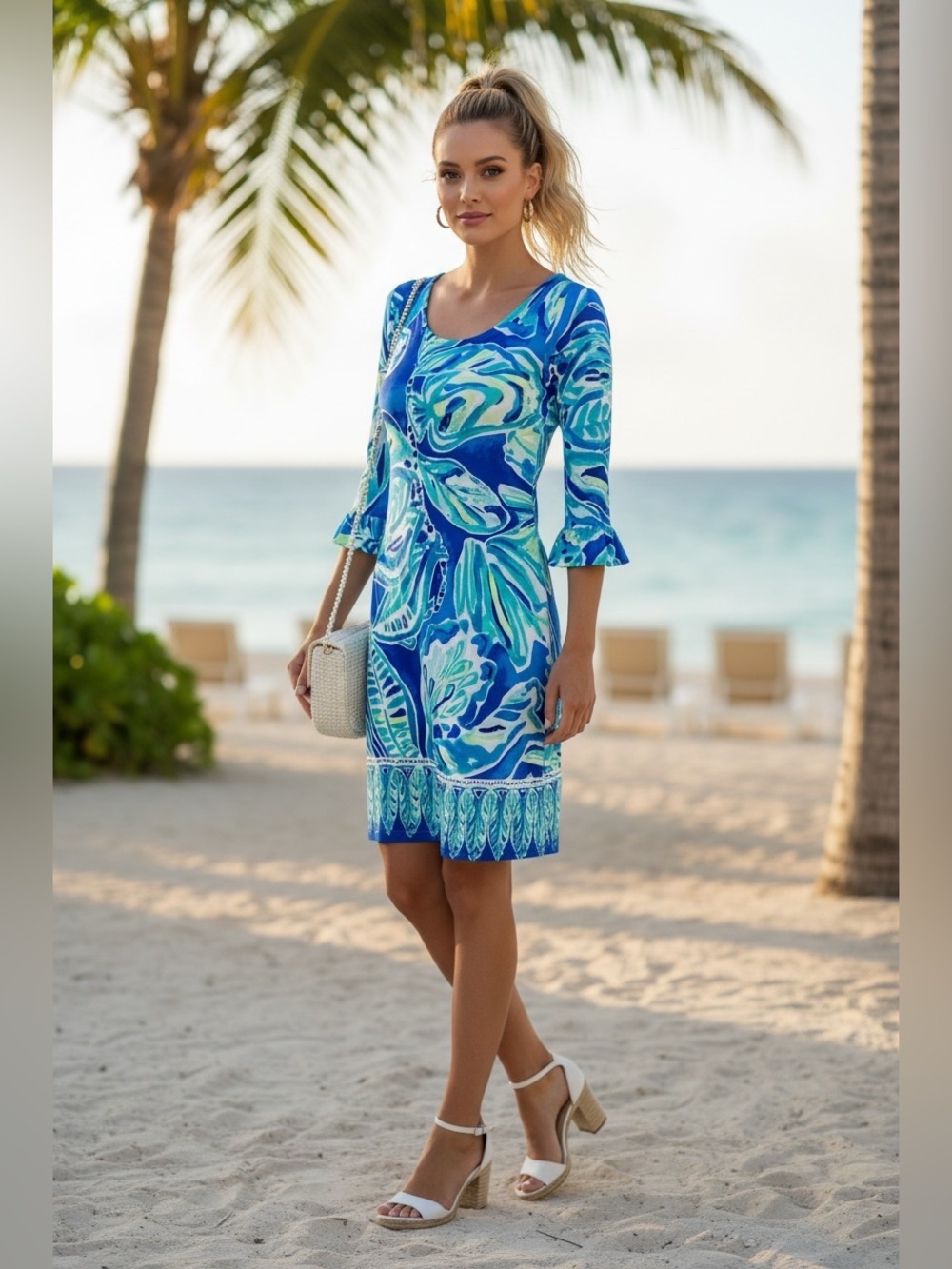 Lilly Pulitzer Tropical Blue & Aqua Leaf Scoop Neck Shift Dress Size XS